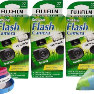 Fujifilm QuickSnap Flash 400 Disposable 35mm Camera Plus a Bonus Eco-Friendly Silicone Wrist Band and a Microfiber Cleaning Cloth (3 Pack)
