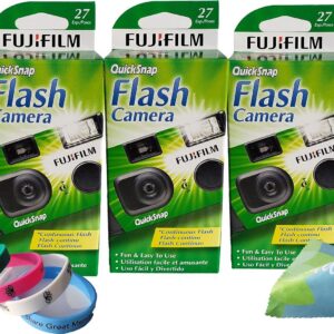 Fujifilm QuickSnap Flash 400 Disposable 35mm Camera Plus a Bonus Eco-Friendly Silicone Wrist Band and a Microfiber Cleaning Cloth (3 Pack)