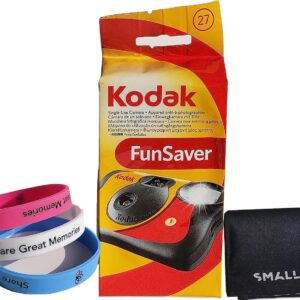 Kodak FunSaver Disposable Camera 800 ISO 35mm with Flash 27 Exposures Plus 100% Silicone Wrist Band and a Microfiber Cleaning Cloth (1 Pack)