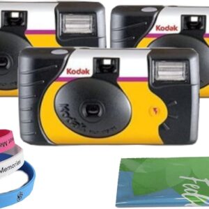 Kodak Power Flash Disposable Single Use Camera 800 ISO 35mm with Flash 27 Exposures (3 Pack) for High Definition (HD) Photos Plus 100% Silicone Wrist Band and a Microfiber Cleaning Cloth