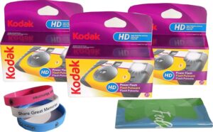 Kodak Power Flash Disposable Single Use Camera 800 ISO 35mm with Flash 27 Exposures (3 Pack) for High Definition (HD) Photos Plus 100% Silicone Wrist Band and a Microfiber Cleaning Cloth