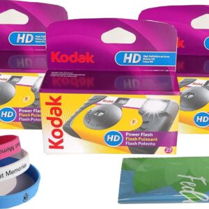 Kodak Power Flash Disposable Single Use Camera 800 ISO 35mm with Flash 27 Exposures (3 Pack) for High Definition (HD) Photos Plus 100% Silicone Wrist Band and a Microfiber Cleaning Cloth