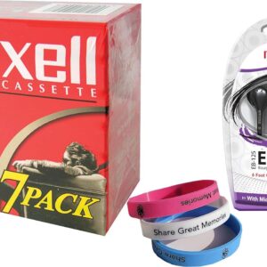 Maxell Normal Bias UR 90 Blank Audio Cassette Tape (7 Pack) and Maxell Earbuds Headphone with Microphone Plus a Bonus Silicone Wristband