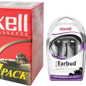 Maxell Normal Bias UR 90 Blank Audio Cassette Tape (7 Pack) and Maxell Earbuds Headphone with Microphone Plus a Bonus Silicone Wristband