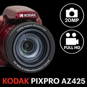 KODAK PIXPRO AZ425-RD 20MP Digital Camera 42X Optical Zoom 24mm Wide Angle 1080P Full HD Video Optical Image Stabilization Li-Ion Battery 3  LCD Vlogging Camera (Red)